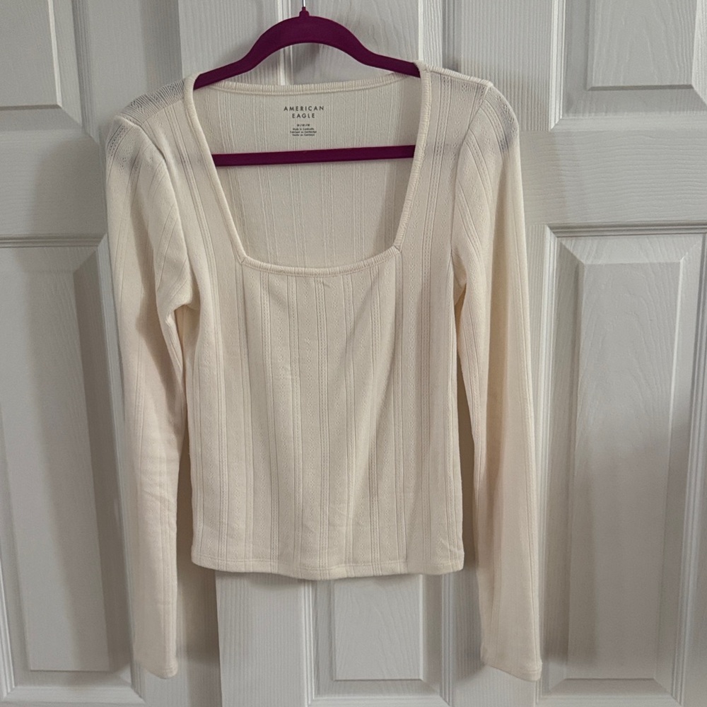 American Eagle Outfitters Cream Ribbed Square-Neck Long Sleeve Top - Neutral